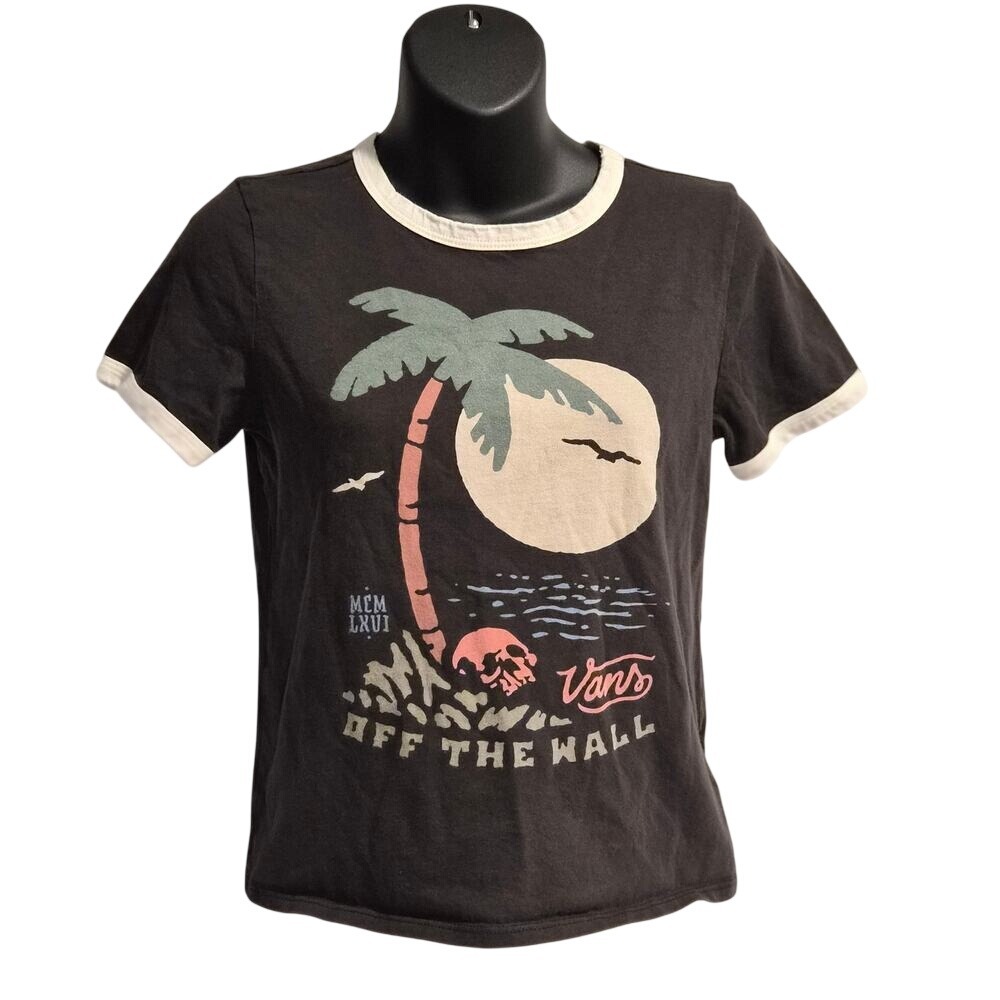 Vans Off The Wall Ringer T-Shirt Black Palm Tree Skull Graphic VN0A7UFCBLK Small